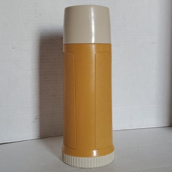 Vintage Thermos Brand Glass INSIDE Travel Coffee Container Harvest Gold Cup Lid - Picture 3 of 16